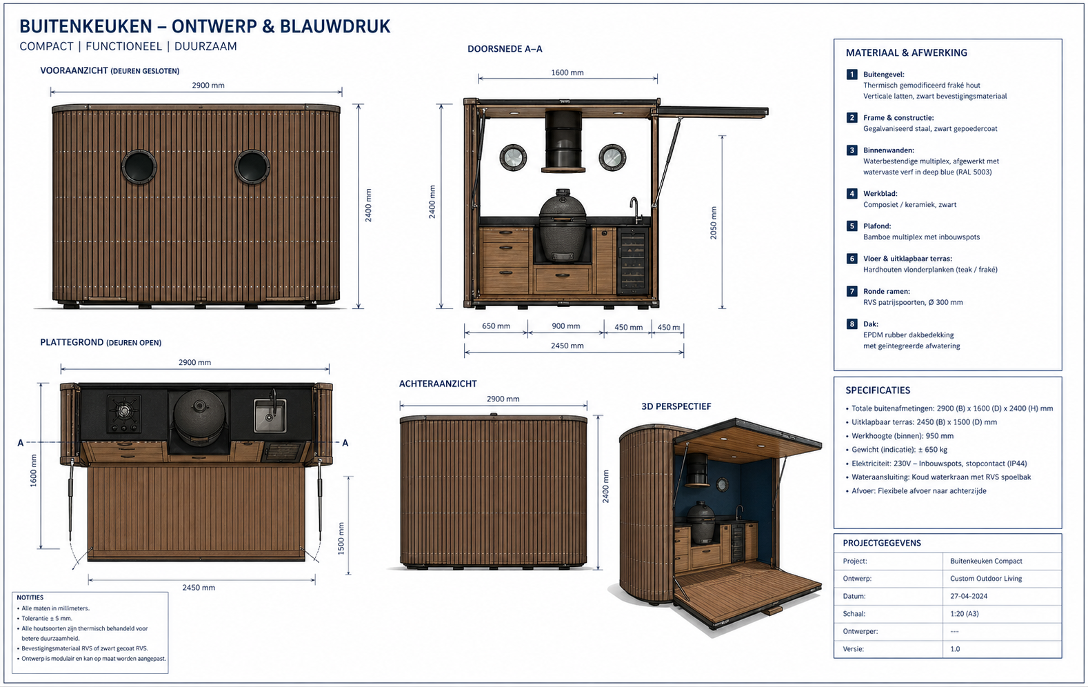 Technische tekening van het Yunke paviljoen — voor-, achter- en doorsnede met materiaalstaat