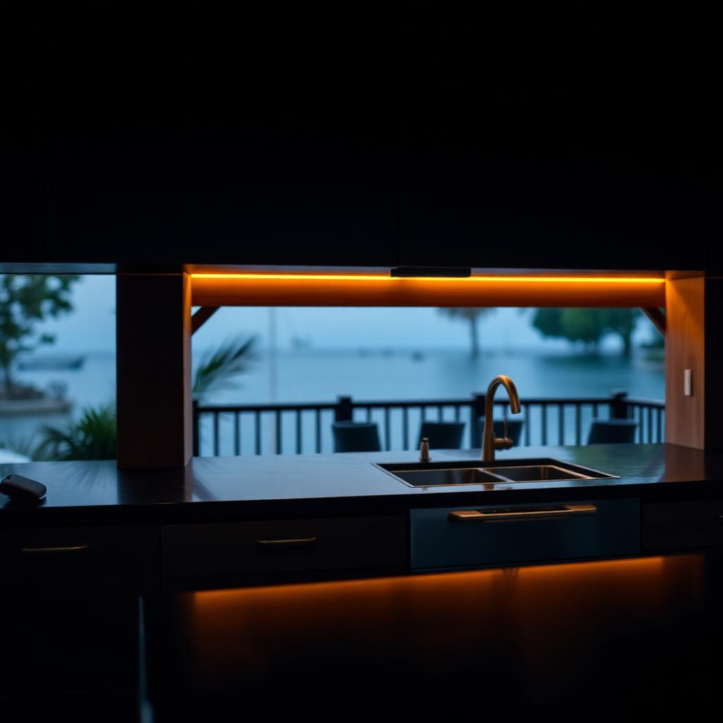Dimbare warme LED-verlichting onder de kasten van het paviljoen