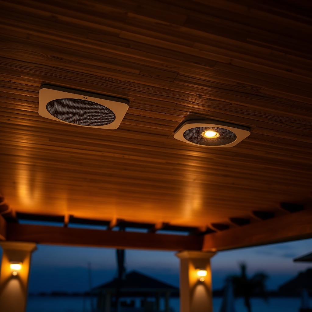 Sonos in-ceiling speakers in het bamboeplafond van het paviljoen